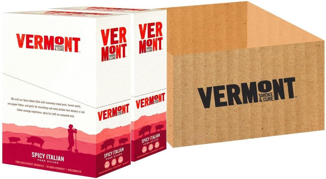 Vermont Smoke & Cure Meat Sticks, Pork, Antibiotic Free, Gluten Free, Spicy Italian, 1oz Stick, 48 Count