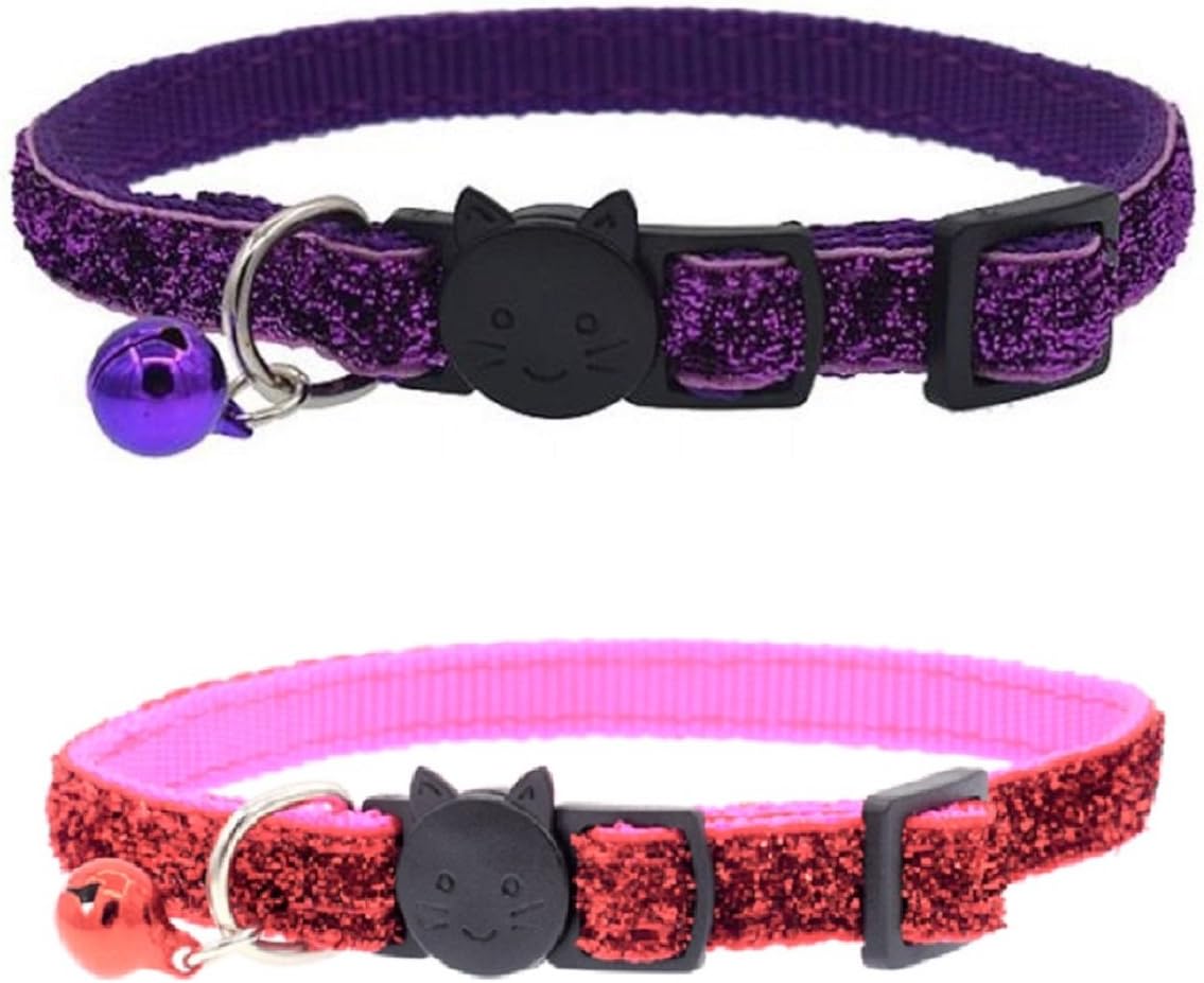 Glitter Cat Collars With Bell & Quick Release Safety Buckle, Adjustable and Suitable For All Domestic Cats & Larger Kittens (PINK/PURPLE (2pk))