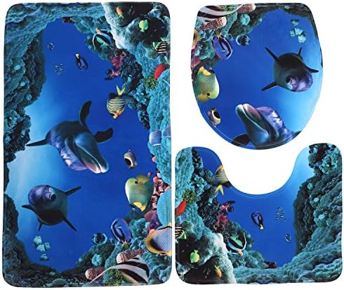 Dorfin 3pcs/set Dolphin Carpe Toilet Mat Ocean Style Underwater World Bath Mat Set Toilet Rug Non Slip Bathroom Washable Mat (19.5 x 31.4inch14.6 x 16.8inch15.6 x 19.5inch)