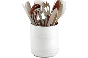 MSJGA Utensil Holder, Large Ceramic Utensil Crock (H7.4 x W6) for Kitchen Counter, Cooking Utensil Holder with Countertop-Protection Cork Mat at Bottom, Farmhouse Kitchen Decor White