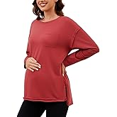 Ecavus Women's Oversized Maternity Shirts Long Sleeve Side Slit Pregnancy Tee with Pocket Fall Winter Mama Clothes