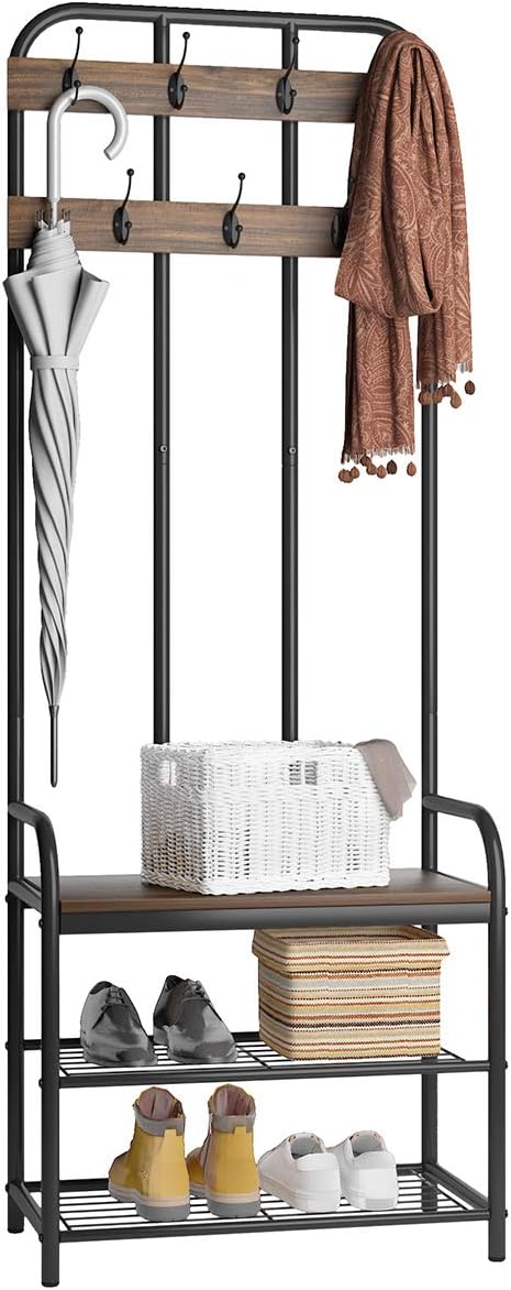 3-in-1 Entryway Coat Rack, LANGRIA Vintage Metal and Wood Hall Tree with Storage Bench Shoe Rack Entryway Storage Shelf Organizer for Home Bedroom Office Clothes Hats
