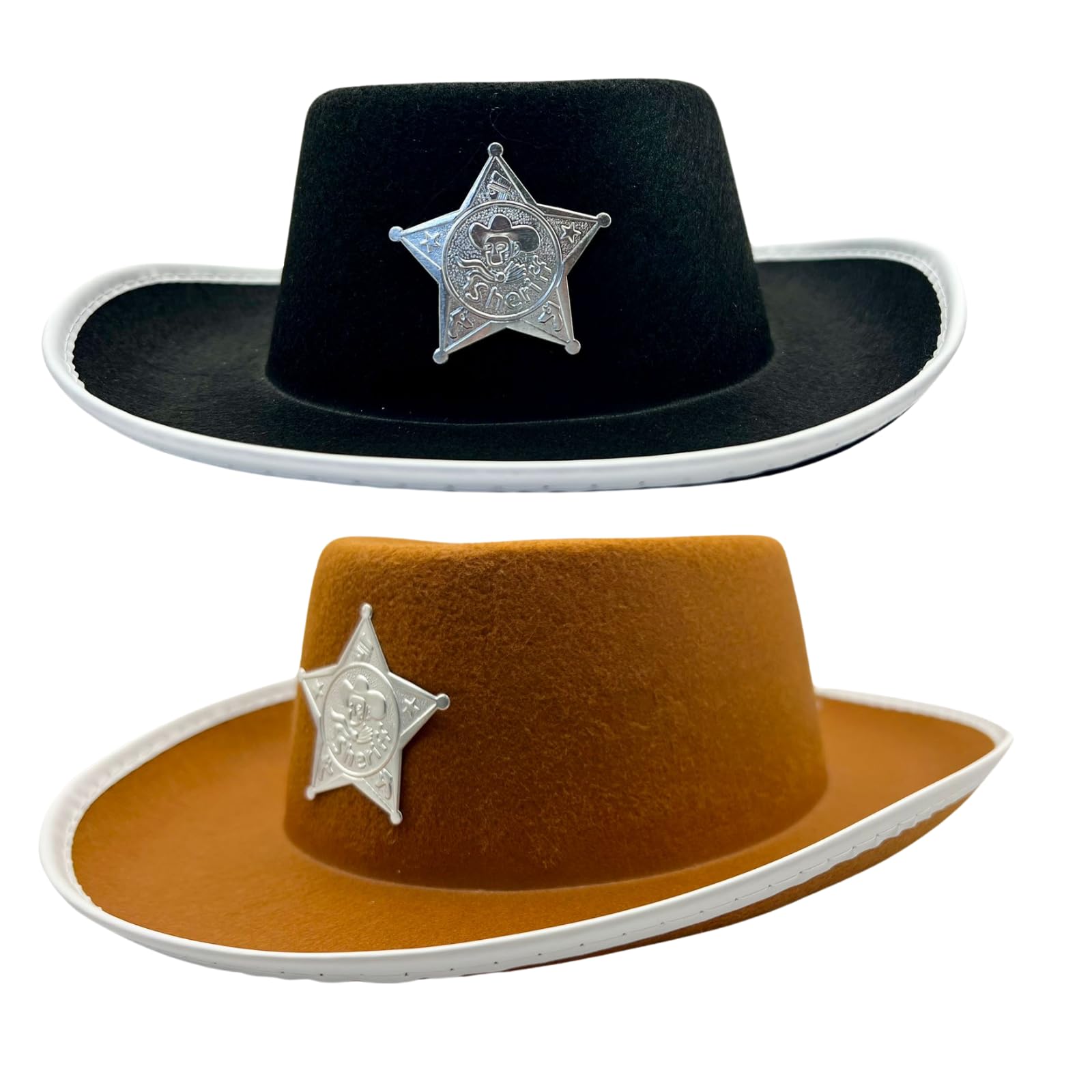 FNA FASHIONS Cowboy Western Hat with Silver Sheriff Star Badge – Assorted Colors – Western Wild West Fancy Dress Accessory (Silver Star Sheriff Badge Hat, 1)