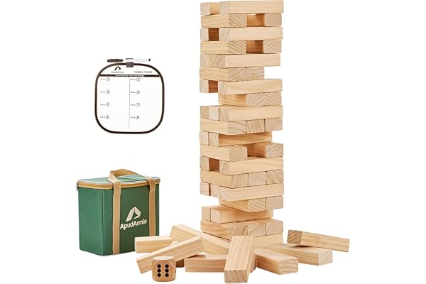 ApudArmis 54 PCS Tumble Timber Set Stack to 3FT, Pine Wooden Tumble Tower Game with Dice and Scoreboard Set - Classic Stackin