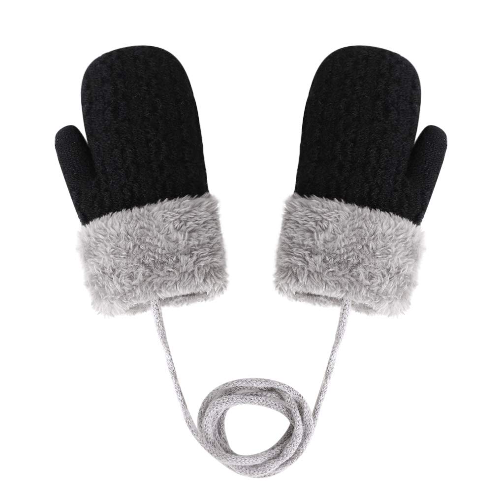 Kids Double Layer Knitted Warmer Gloves Plush Hanging Neck Mitten with Rope Toddler Winter Full Finger Wrist Glove Children Hand Warmer Outdoor Thermal Mitten Girls Boys Xmas Gifts for 1-4 Years Old