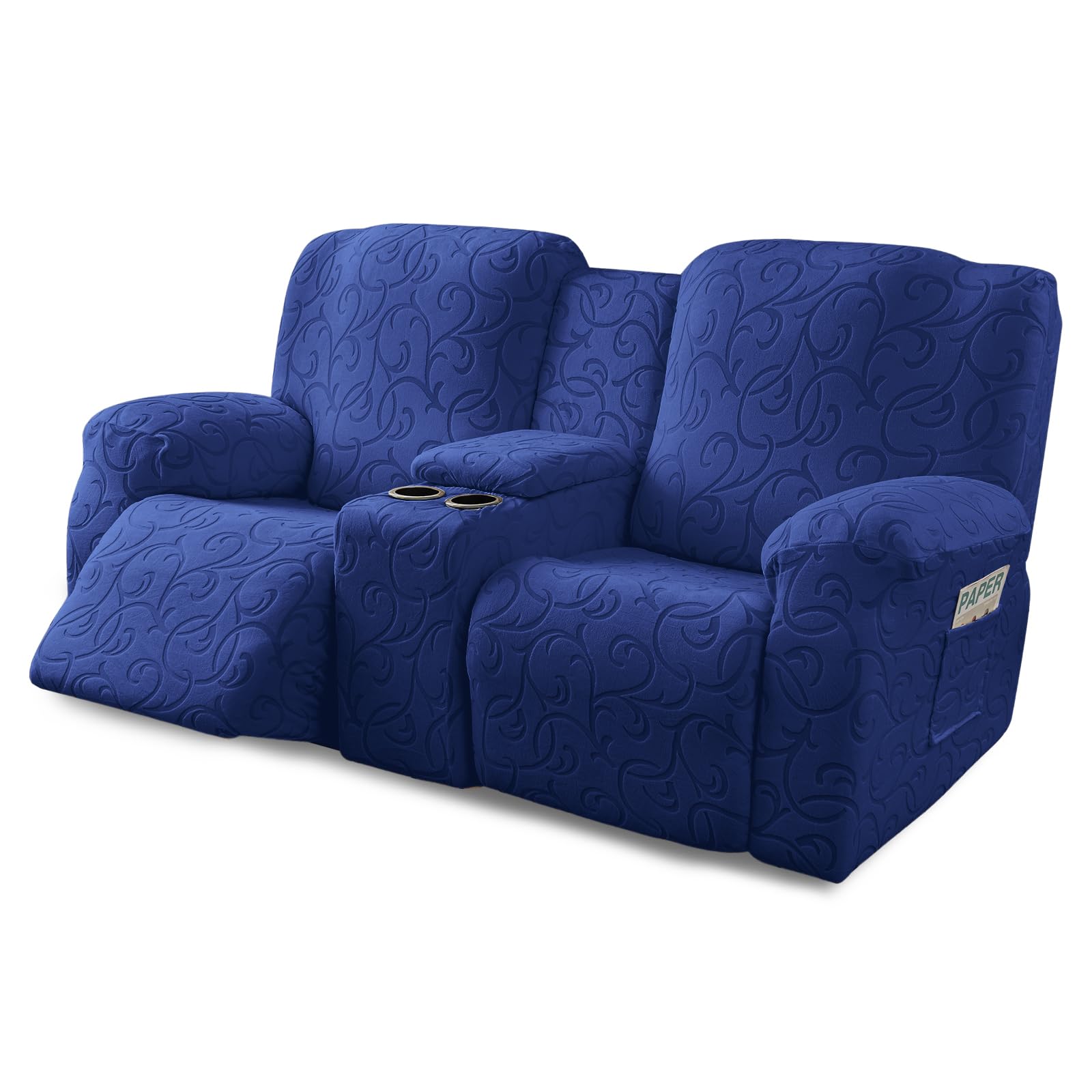 YUEANG Recliner Loveseat Cover with Center Console, 2 Seater Stretch Reclining Couch Cover with Pockets Washable Jacquard Recliner Sofa Slipcover Furniture Protector with Elastic Straps (Navy Blue)