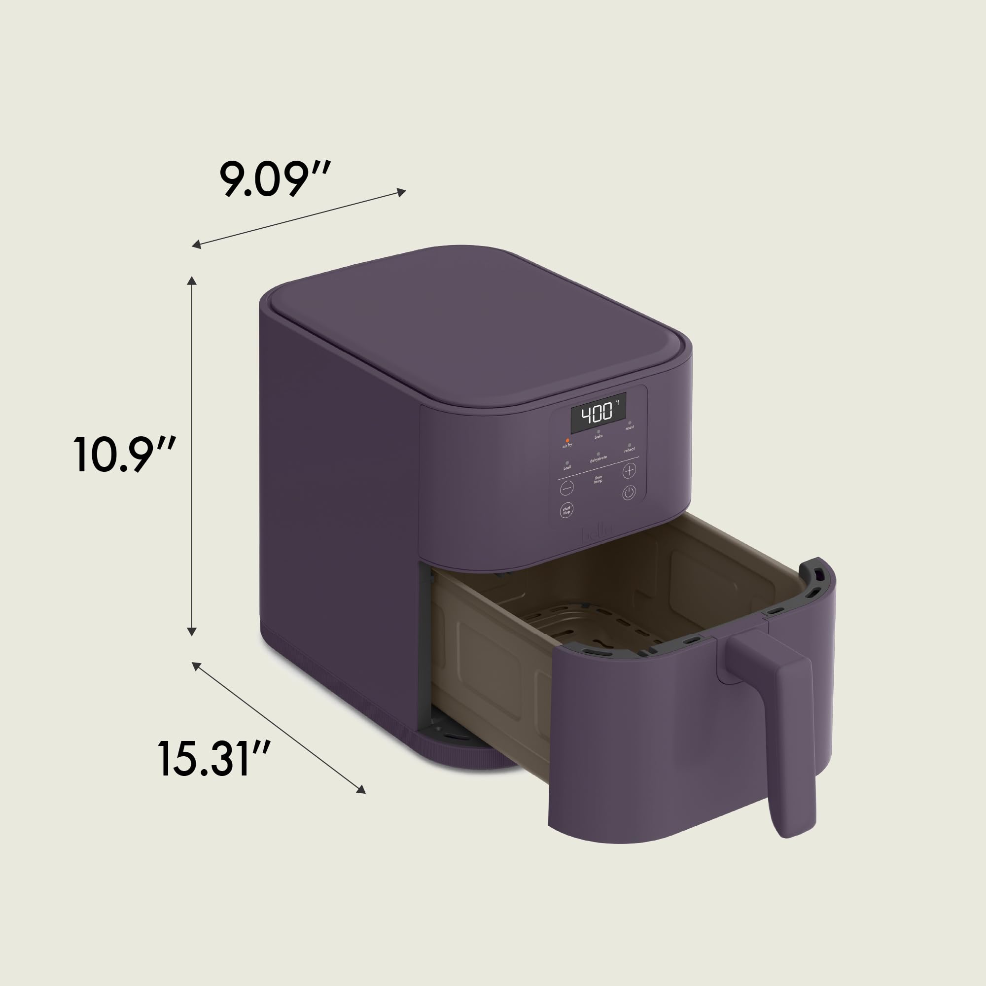 Bella Freidora de aire delgada de 6 cuartos, utensilios de cocina Fits-anywhere™, revestimiento antiadherente cerámico EverGood™, temperatura ajustable, 6 opciones de cocción preestablecidas, apagado automático de 60 minutos con tono audible, capacidad de 5 lb, ciruela