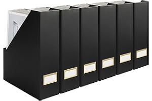 BLU MONACO Declutter in Style - Set of 6 Black Foldable Magazine File Holders with Gold Label Holders - Cardboard Magazine Storage Box & Desk Organizer for Workspace and Shelves