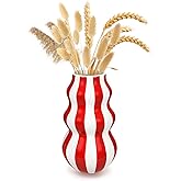 Red and White Ceramic Vase, 8.66 in Tall Modern Striped Table Centerpiece, Minimalist Decorative for Flowers, Pampas Grass, Dried Arrangements, Home Decor for Living Room, Bedroom, Office, Shelf