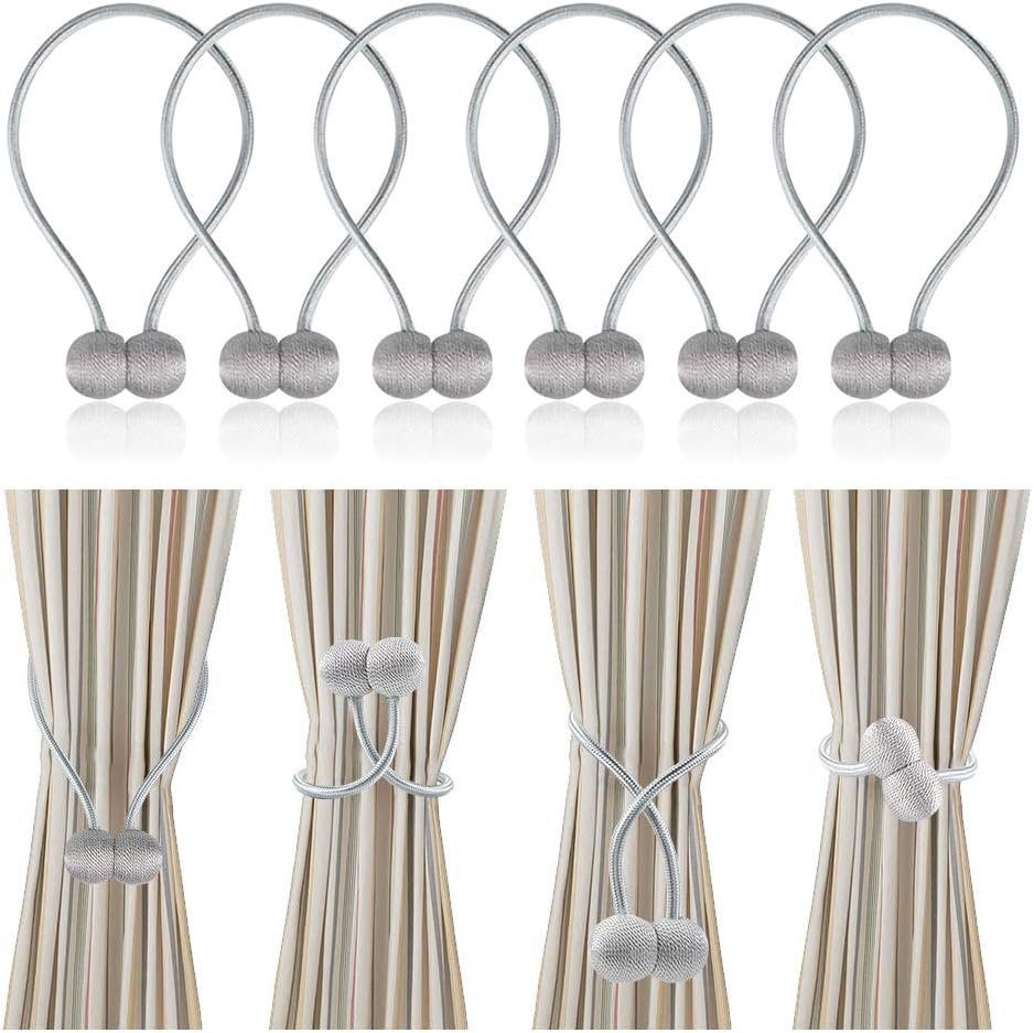 Wannafree Curtain Tiebacks Magnetic, 16 inch Drape Holders Megnetic Holdbacks Decorative Weave Rope Clips Window Sheer Blackout Panels Home Office,Pack of 6, Grey