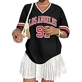 Jersey Shirts for Women Y2k Los Angeles Shirt Oversized Number Print V Neck Half Sleeve Striped Tee Streetwear Tops