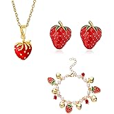 QLUYCKW 3PCS Red Strawberry Jewelry Set for Women Dainty Lovely Sweet Strawberry Fruit Pendant Necklace Fashion Strawberry Rhinestone Bracelet Birthday Party Chic Jewelry