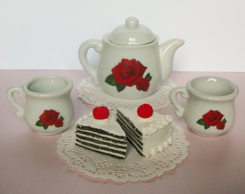 Red Rose Ceramic Tea Set Pitcher 2 Tea Cups 2 Cake Slices Playset for 14 inch and 18 Inch Dolls American Girl, Journey Girls, Our Generation, Madame Alexander, Wellie Wishers, Hearts for Hearts
