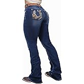 Flamingals Mid Waist Boot Cut Jeans for Women Embroidered Butt Lifting Tummy Control Stretchy Trendy Flare Denim Jeans