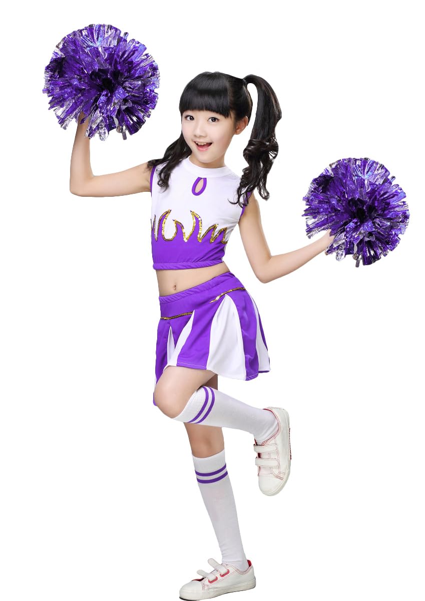 LOLANTA Girls Cheerleader Costume Cheerleading Children Dress Outfit Uniform with PomPoms(Purple, 5-6 years, Tag Size 120) — image 1