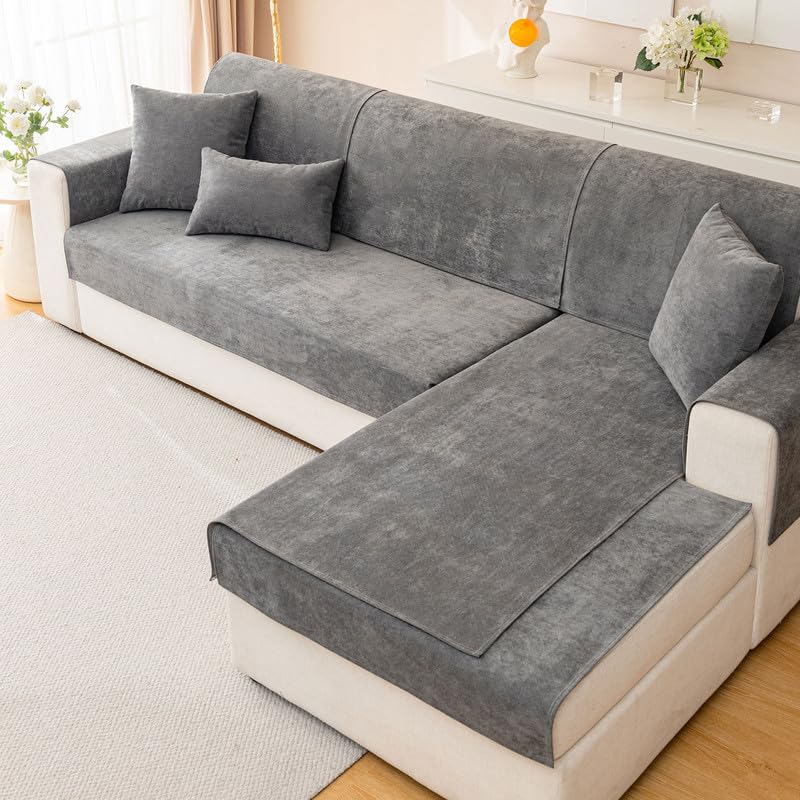 Mingfuxin Chenille Sofa Cover Slipcovers 1 2 3 4 Seater, Universal Non-Slip Corner Sofa Covers L shape Sectional Sofa Couch Cushion Covers Furniture Protector for Living Room(Dark Gray,90 * 160cm)