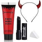 Paminify Red Face Paint Halloween Makeup Kit,Devil Horns Headband for Women,1.01oz Water-Based Red Body Paint+Black Lipstick+Sponge+Devil Glitter Headband,Cream Face Paint Stick for Costume