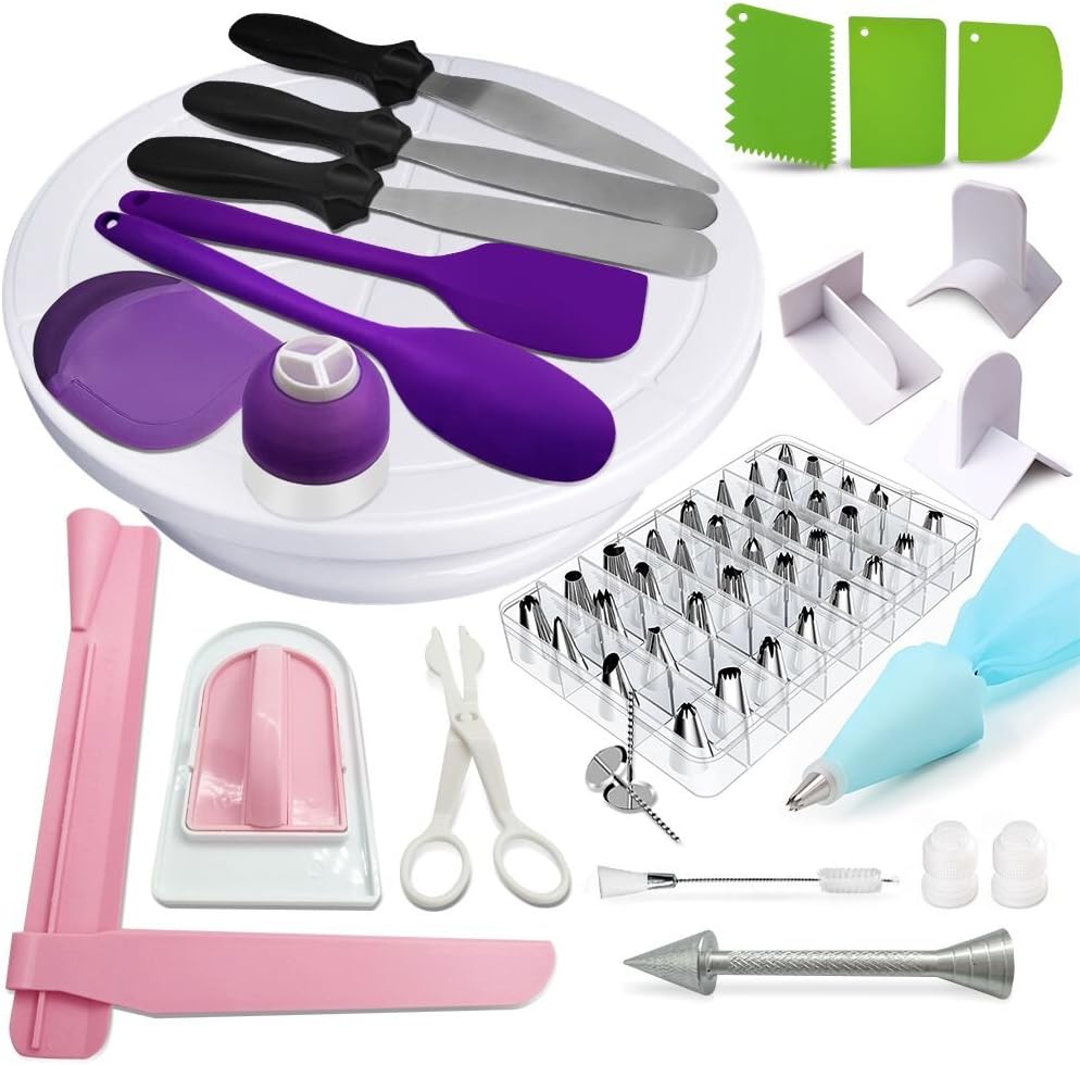 Nourlay 56 Pieces Professional Cake Decorating Kits, Cake Turntable, Cake Decorating Tip Sets, Silicone Spatula, Fondant Smother, Silicone Pastry Bag, Flower Lifter, Icing Spatula