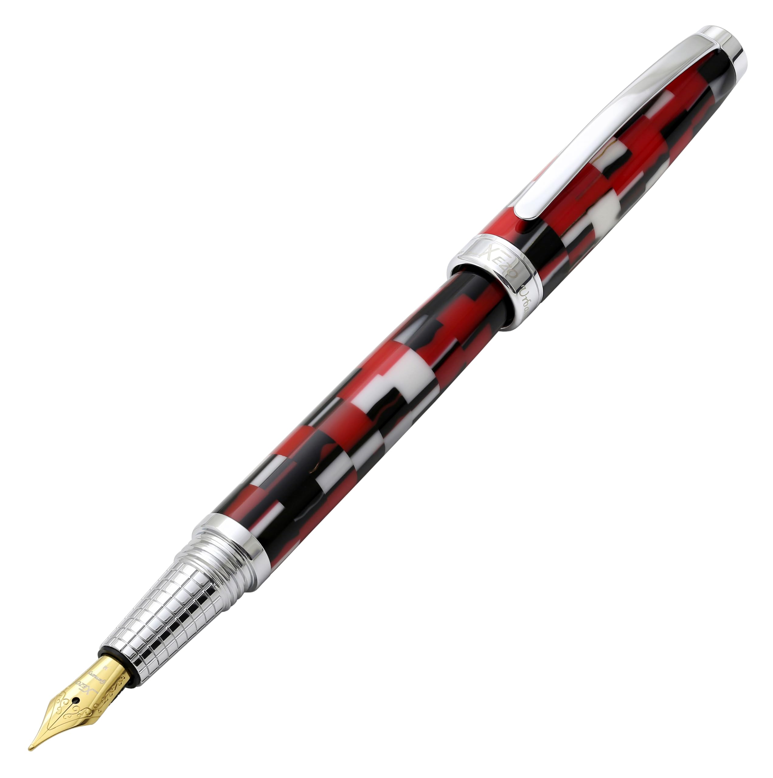 Xezo Urbanite II Fountain Pen, Medium Nib. Sporty Red, Black, and White Checkered Acrylic on Brass. Chrome Plated. Handcrafted, Limited Edition, Serialized