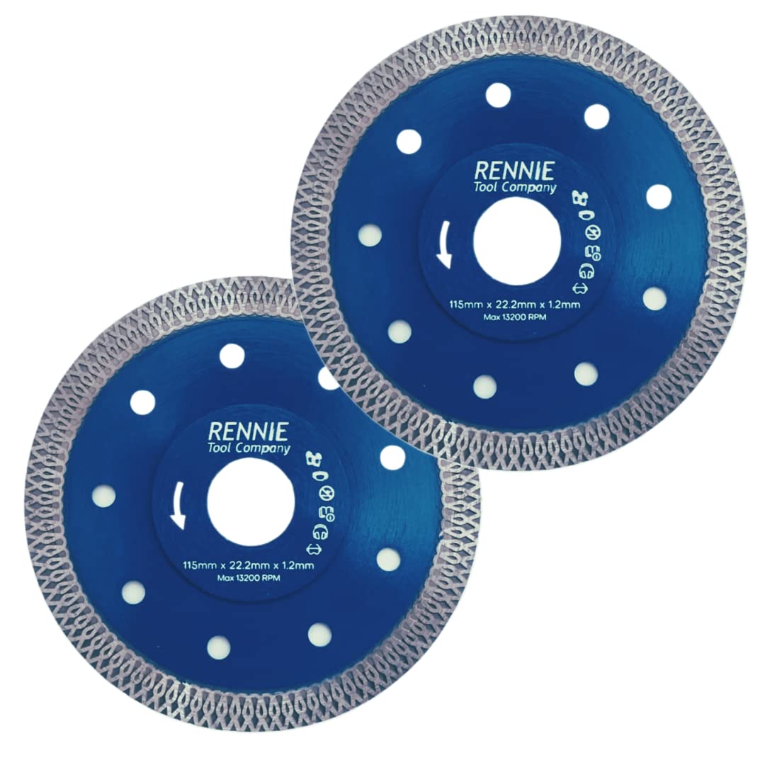 2 x Rennie Tools 115mm Diamond Cutting Discs for Angle Grinder For Porcelain, Tiles, Granite, Marble, Concrete, Stones, Bricks & Ceramics 4.5" Wheel Super Thin Fast Clean Cut. Super Thin 1.2mm