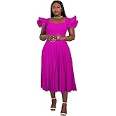 AOMEI Women's Light Purple Square Collar Ruffles Sleeve Pleated Elegant Midi Dress