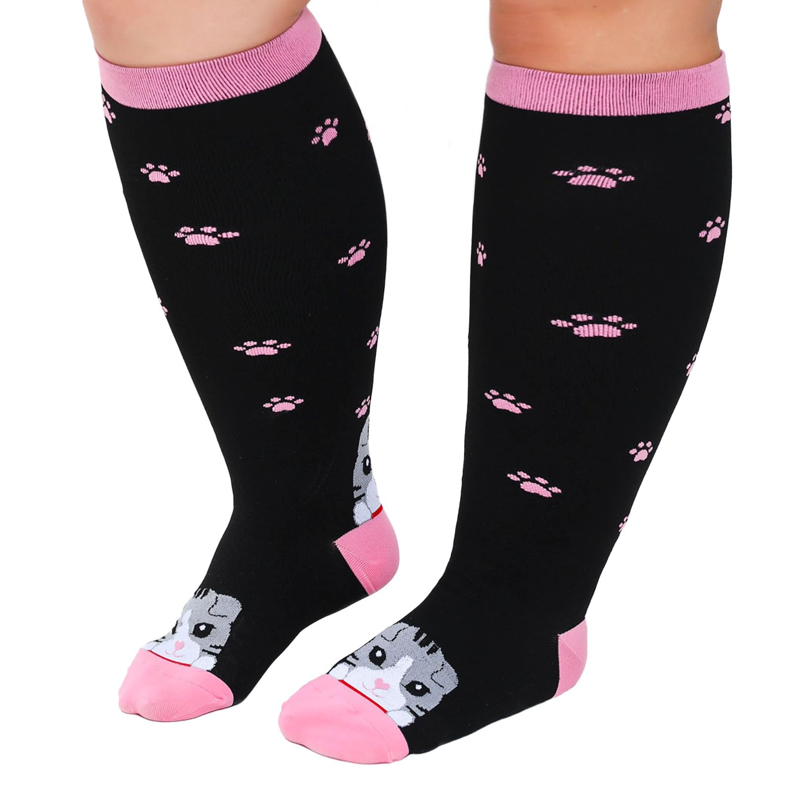 PUTUO Wide Calf Compression Socks: Plus Size Compression Socks for Women with Cat Pattern Medical Compression Stockings for Men for Support Flight Varicose Pregnancy 20-30 mmHg 7XL 1 Pair