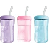The First Years Squeeze & Sip Toddler Straw Cups - Squeezable Transition Sippy Cup with Silicone Straw - Toddler Feeding Supplies - Pink/Purple/Blue - 7 Oz - 3 Count - Ages 6 Months and Up