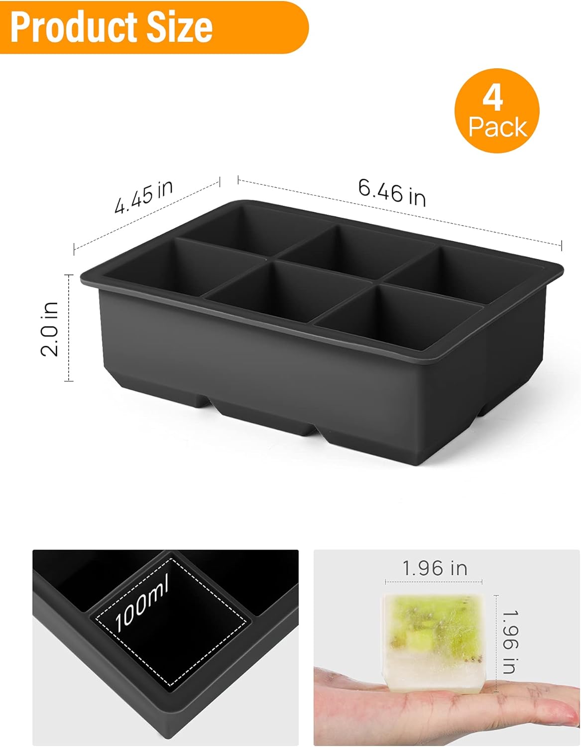 Kootek Ice Cube Trays 4 Pack - Silicone Ice Tray for Making 24 Pcs Large Ice Cubes, Easy Release Reusable Molds Maker with Removable Lids for Chilling Whiskey Wine Cocktail Beverages Juice (Black): Kitchen & Dining