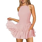 Hragc Women's Flowy Pleated Ruffle Tennis Athletic Dress for Women Summer Boat Neck Sleeveless Mini Golf Dress Shorts Pockets