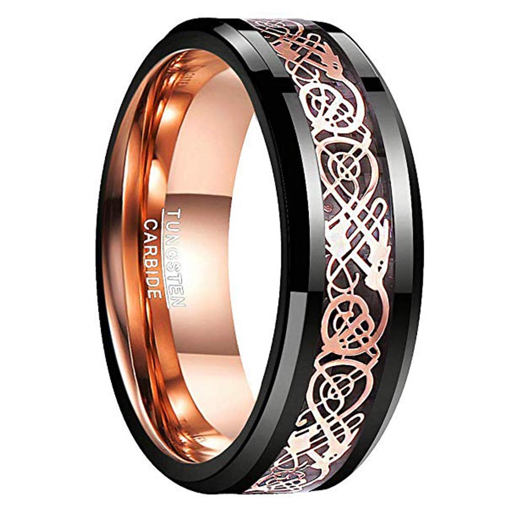 Anillo de compromiso de carburo de tungsteno negro NUNCAD para hombre, anillo de tungsteno celta, incrustaciones de dragón celta de oro rosa, acabado pulido, tamaño 12,5