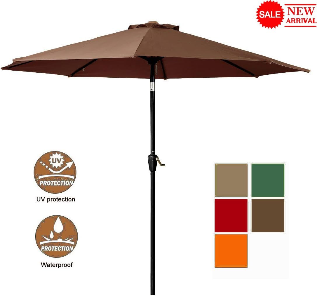 Warm Harbor Aluminum Patio Umbrella With Push Button Tilt And Crank 180 Gsm Fabric 8 Steel Ribs 9 Ft Brown Amazon Co Uk Garden Outdoors