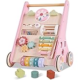 Wooden Baby Walker with Wheels, Adjustable Speed Baby Push Walker, Montessori Walking Toys for Girls Boys, Push and Pull Learning with Baby Activity Center, Christmas Birthday Gifts for Toddler