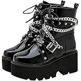 Parisuit Womens Goth Patent Ankle Boots Platform Chunky High Heel Lace Up Combat Boots Punk Short Booties