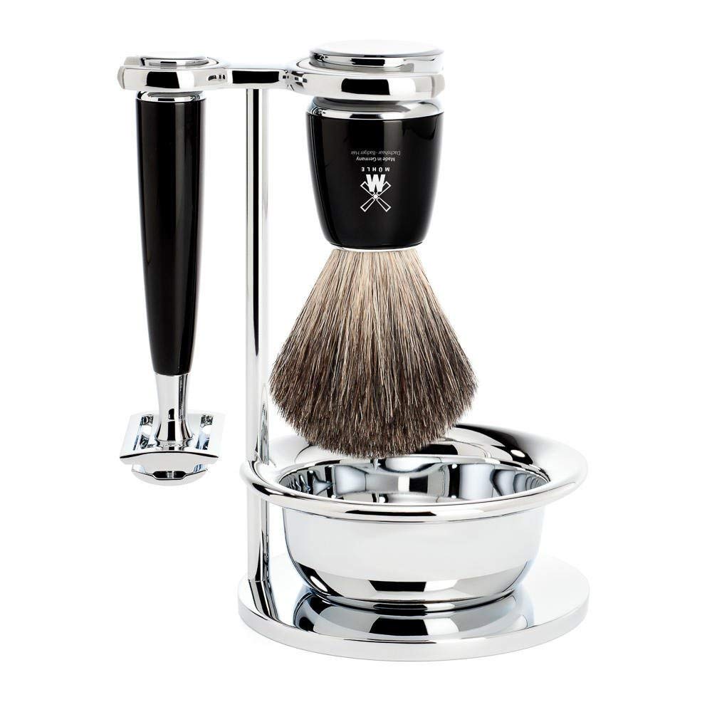 MÜHLE Intro 4-Piece Pure Badger/Safety Razor Shaving Set (Black - Rytmo)