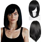 KiyaCos 40cm Black Short Women Wig Straight Synthetic Fiber Shoulder Length Cosplay Wig Full Bangs