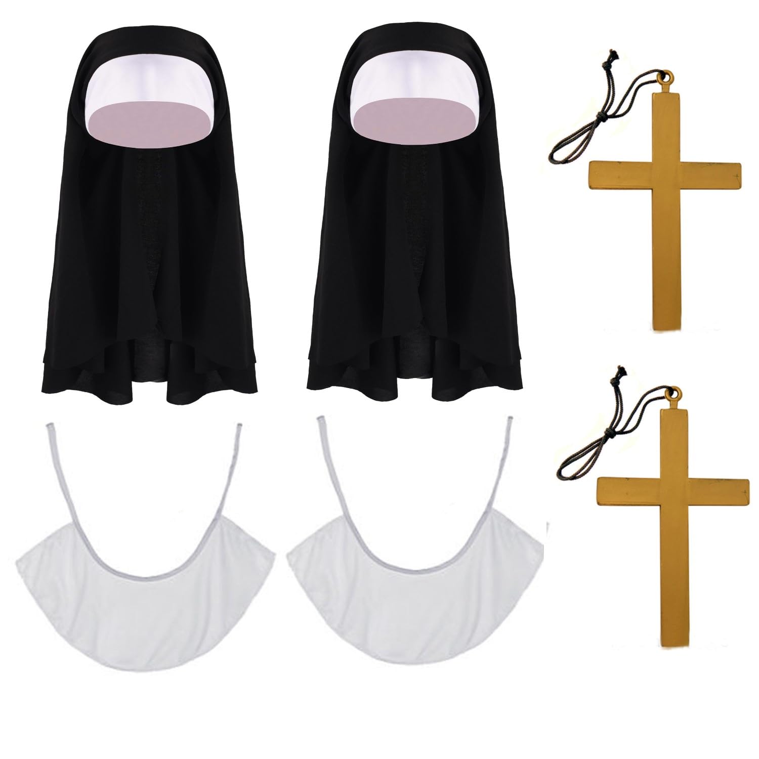Lezevn 6 Pieces Nun Costume Accessories Nun Hat White Collar Gold Cross Pendent Necklace Halloween Cosplay Accessories