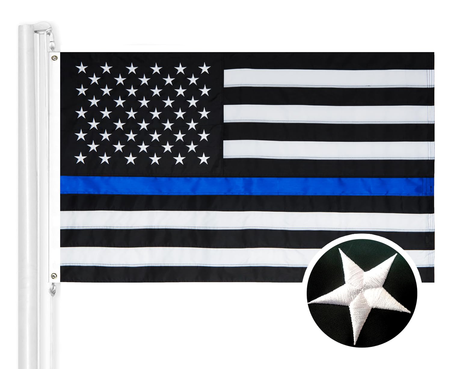 Thick Blue Line Flag 3x5 ft with Embroidered Stars - Sewn Stripes - Brass Grommets - UV Protection - American Police Flag Black White and Blue (3 by 5 Foot (300D))