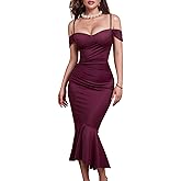 CurvySweet Women's Off The Shoulder Elegant Sexy Sweetheart Neck Spaghetti Straps Bodycon Ruched Midi Dress with Built-in Bra