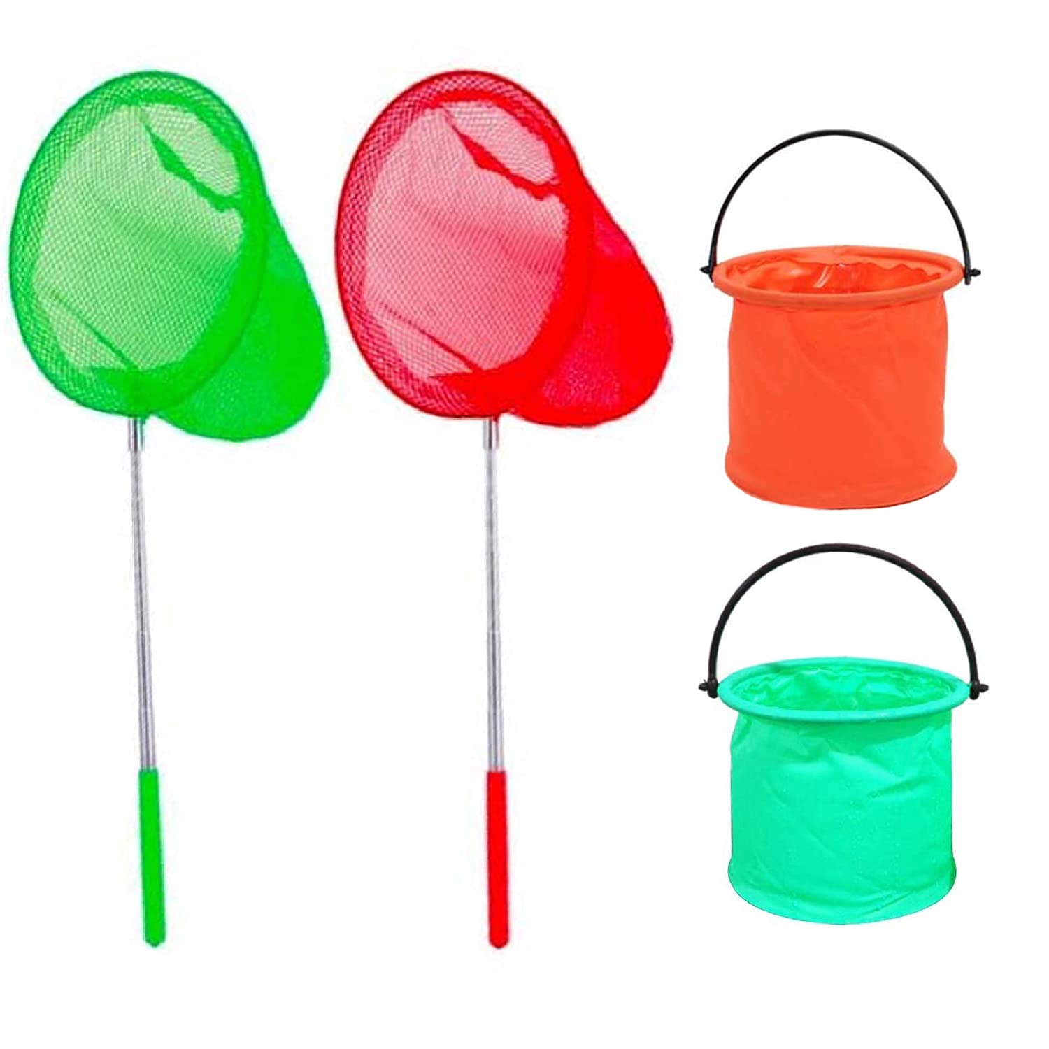 2 Pack Telescopic Butterfly Net Fishing Net Pond Net Extendable (14.5 to 33.8 Inches)+2 Pack Folding Bucketfor Catching Bugs Insect Small Fish Outdoor Beach Garden Activities