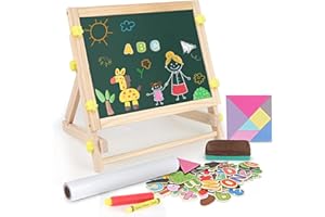 Aomola Kids Tabletop Easel with Paper Roll,Double-Sided Whiteboard & Chalkboard Tabletop Easel with Magnetic Letters & Numbers and Other Magnetic Puzzle Accessories for Kids and Toddlers