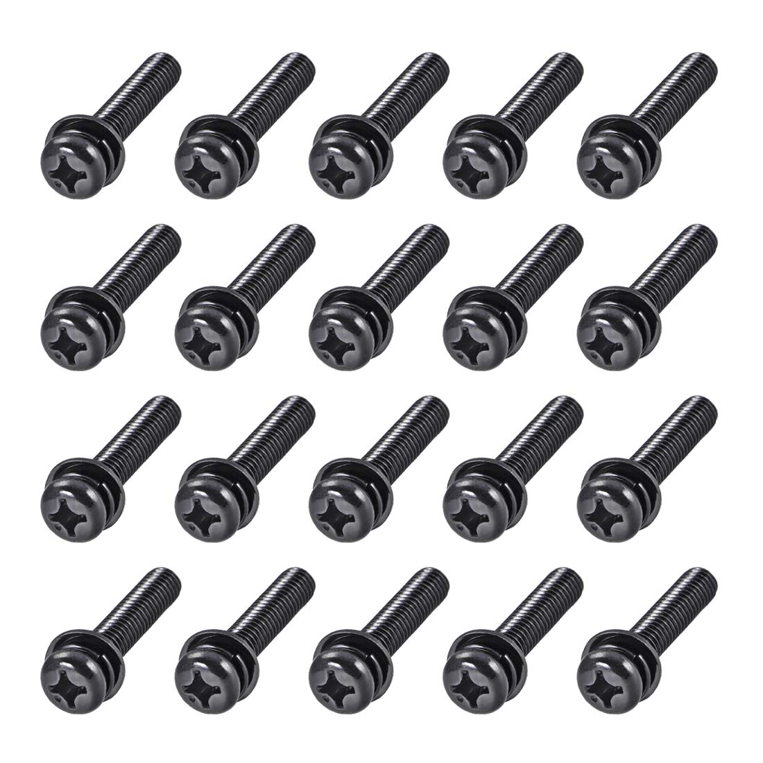 sourcing map M6 x 30mm Carbon Steel Phillips Pan Head Machine Screws Bolts Combine with Spring Washer and Plain Washers 20pcs