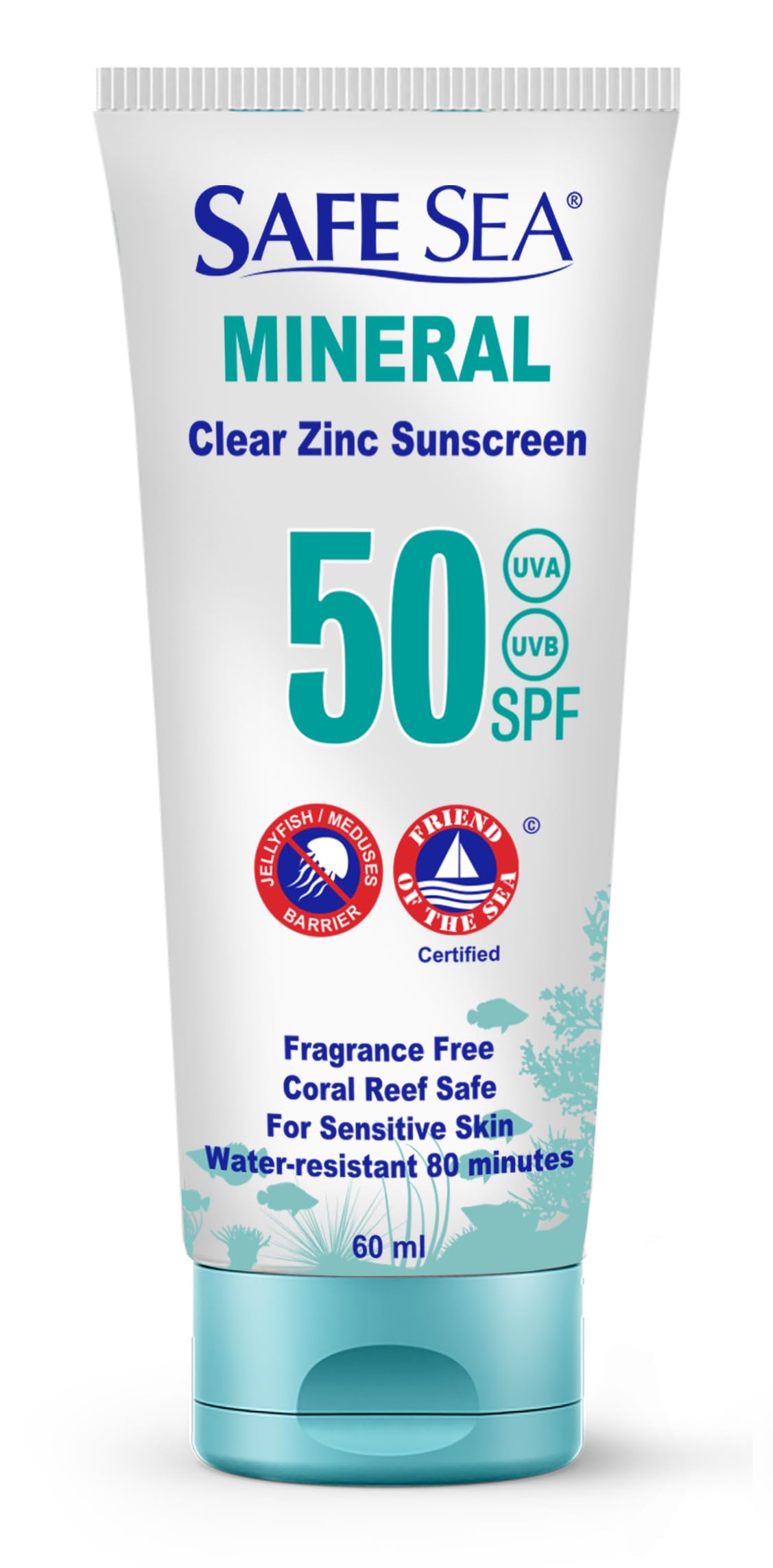 Safe Sea Zinc Oxide Sunscreen SPF50 | Clear Mineral Face Sunscreen Without White Cast | Anti-Jellyfish Sting Protective Lotion | Coral Reef Safe | Travel Size - 60ml (1 tube)