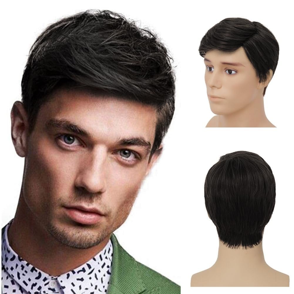 Siudus Short Black Wigs for Men Straight Layered Synthetic Fiber Hair Wig for Daily Party Use