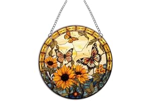 WQVSHRO 5.9'' Sunflower Stained Acrylic Window Hanging,Butterflies Flowers Wall Decor,Sunflower Gifts for Sunflower Lovers,Women,Girls (Sunflower & Butterfly,A)