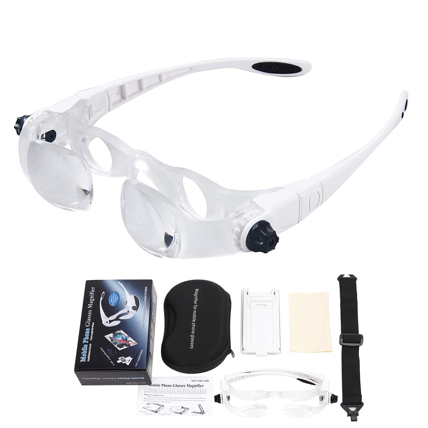 Head Mounted Magnifier Mobile Phone TV Reading Magnifying Glasses 1.5X to 3.8X Zoom 0 to +300 Degree Adjustable Handsfree Magnifier for Far-Sightedness Presbyopia Magnifying with Headband Phone Holder