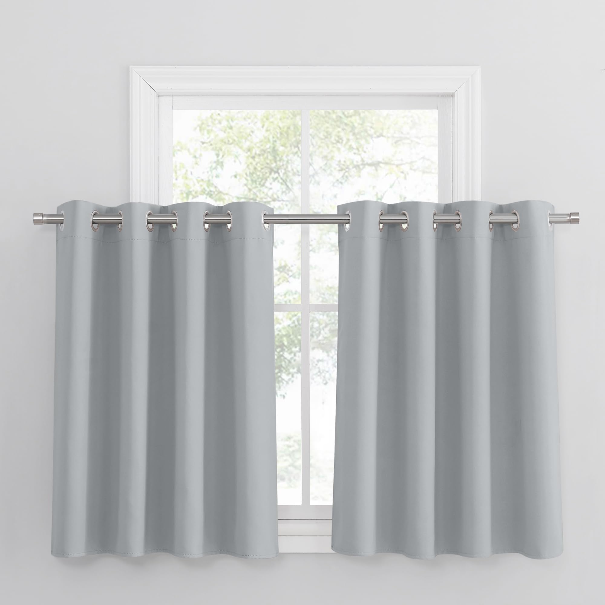 PONY DANCE Silver Grey Curtains Eyelet - Bedroom Blackout Light Blocking Short Curtain Thermal Insulated & Energy Saving Privacy Protected Drapes for Kitchen, 52 x 36 Inches, Silver Grey, 2 Panels
