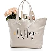CARAKNOTS Wifey Bag Bride Gifts for Wedding Bridal Shower Honeymoon Anniversary Bachelorette Party Gifts for Bride to be Wife Canvas Beach Shoulder Tote Bag with Zip and Pocket