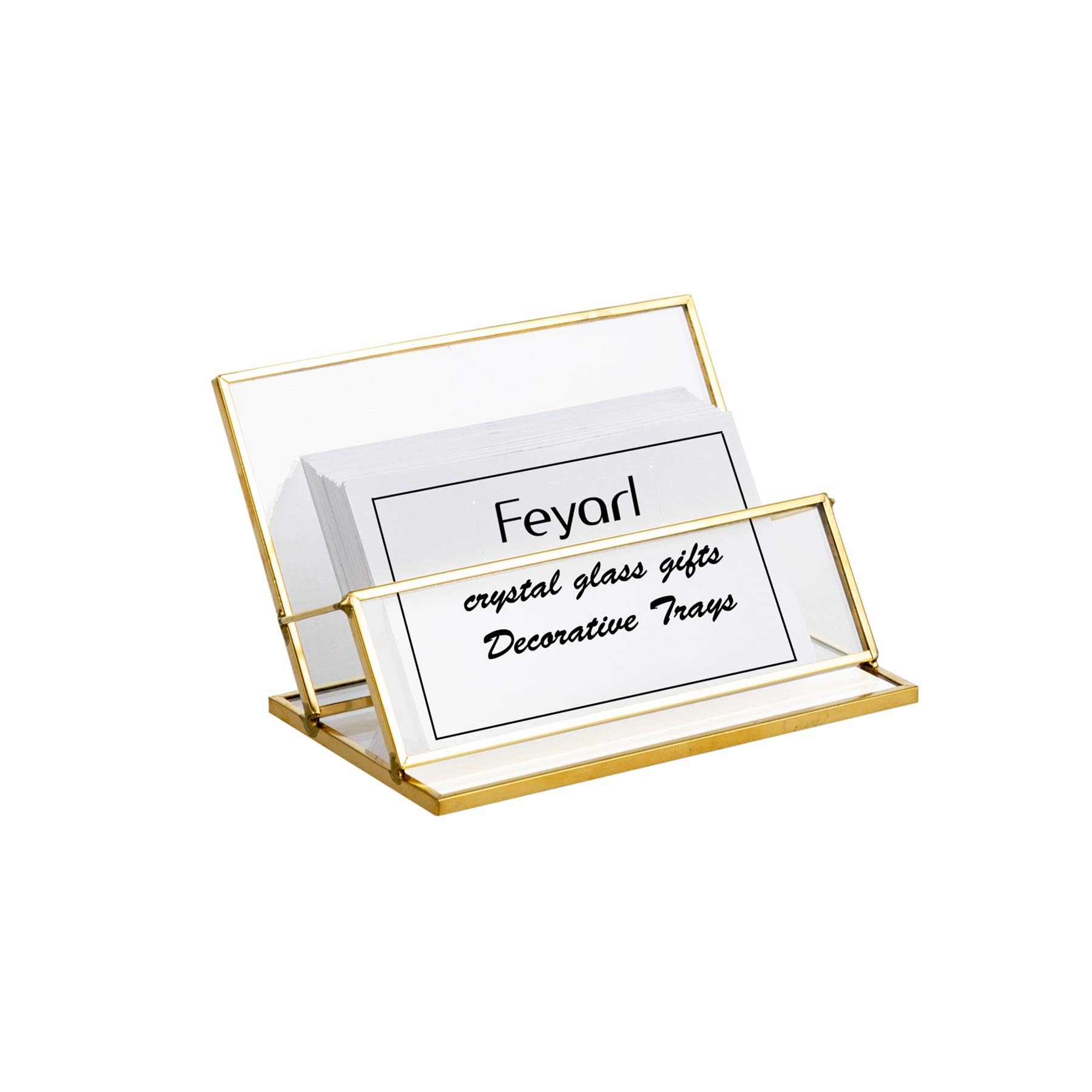 Feyarl Glass Business Card Holder Gold Name Card Display Stand Business Card Organizer for Office Tabletop Countertop