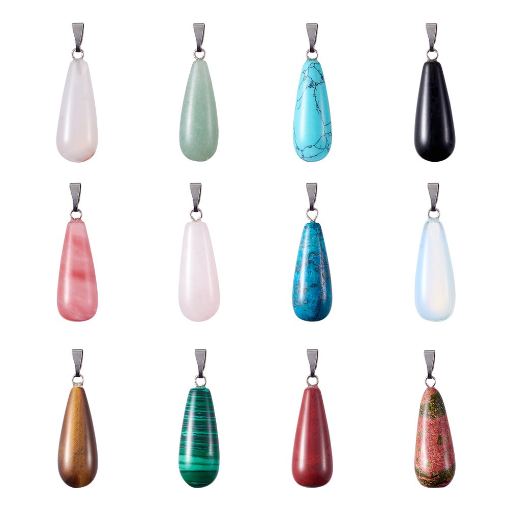 PandaHall 12pcs Water Drop Pendants 30x11mm Chakra Beads for DIY Jewelry Making (Random Mix)