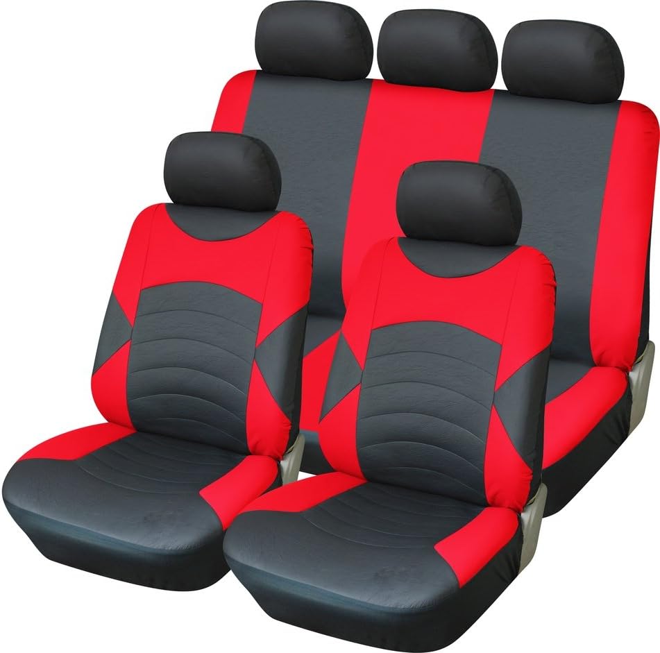 Rhino Automotive Full Leather Look Black & Red Sport Seat Cover Set RW1159